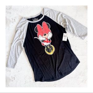 Disney Minnie Mouse Sequin Bow Bling 3/4 Sleeve Raglan Tee Women X Large…